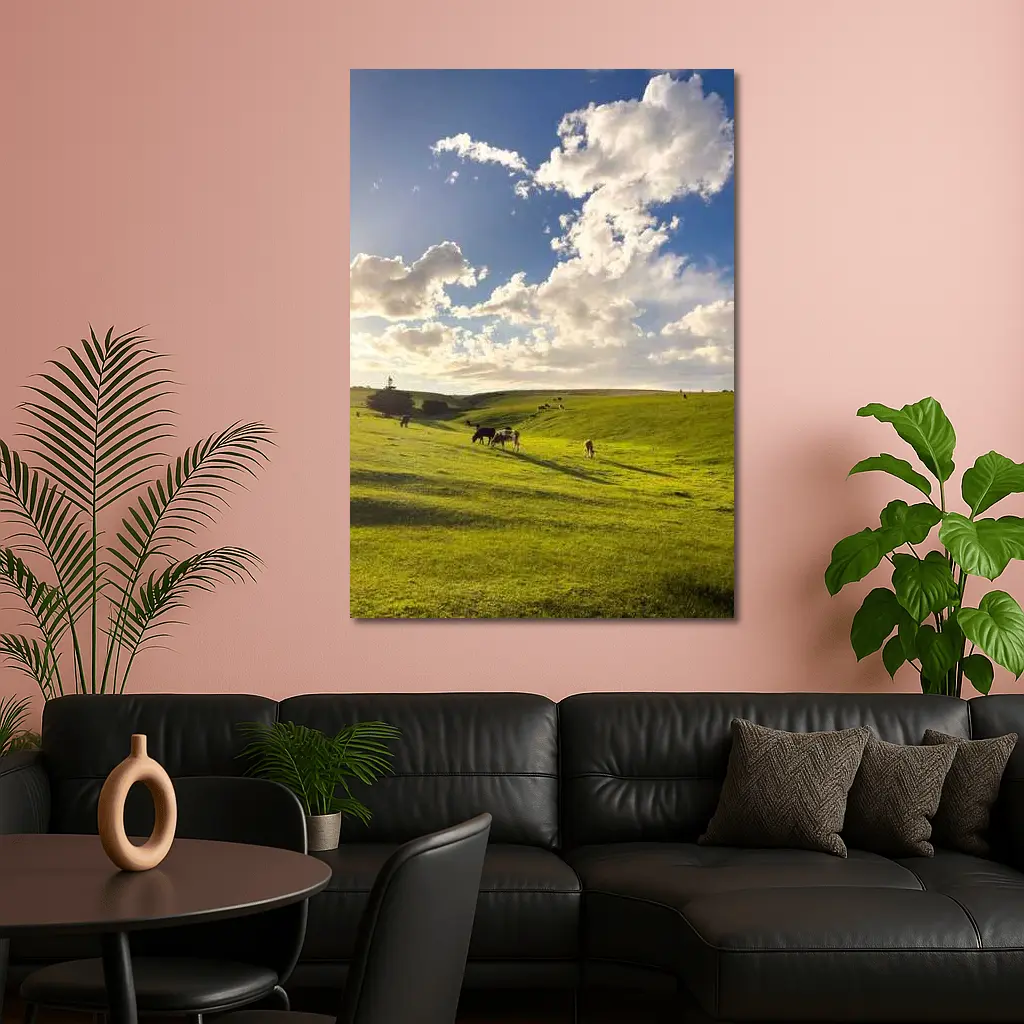 Cows Grazing Green Rolling Hills Sunny Sky – Wall Art