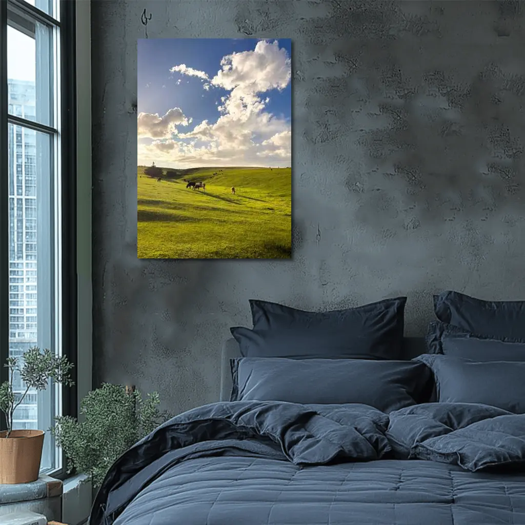 Cows Grazing Green Rolling Hills Sunny Sky – Wall Art