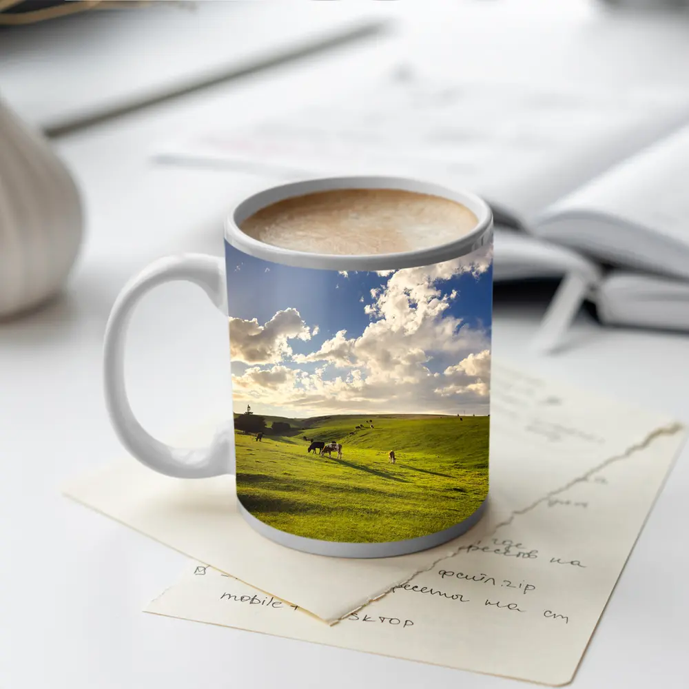 Cows Grazing Green Rolling Hills Sunny Sky – Mugs