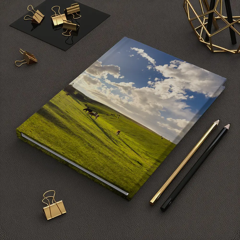 Cows Grazing Green Rolling Hills Sunny Sky – Notebooks