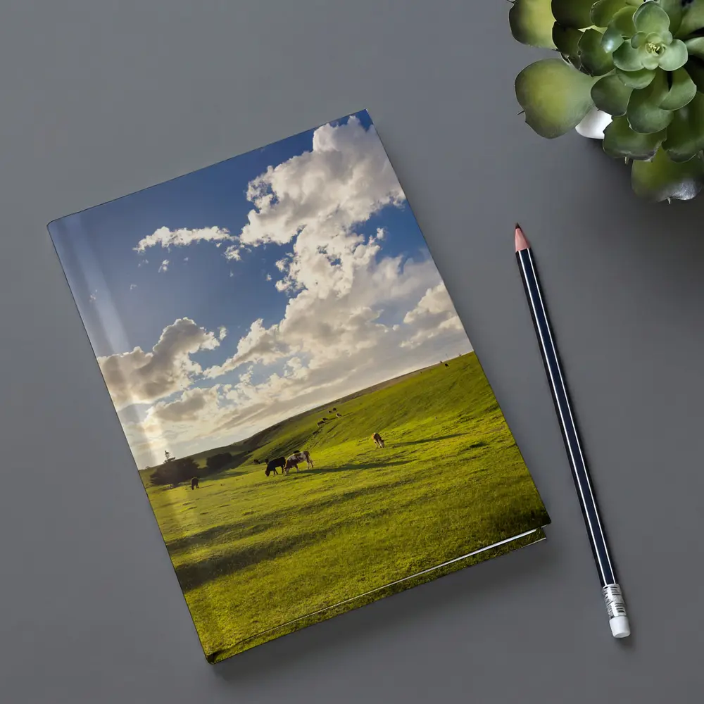 Cows Grazing Green Rolling Hills Sunny Sky – Notebooks