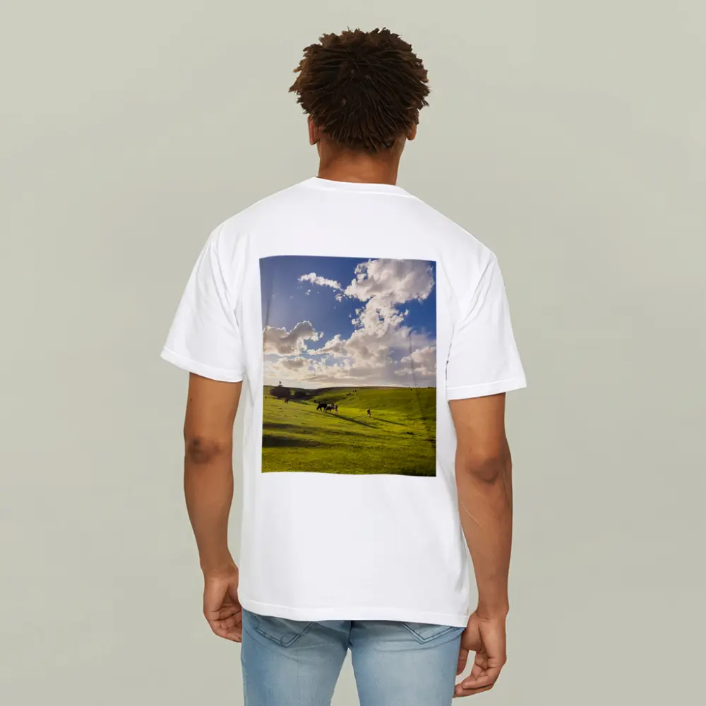 Cows Grazing Green Rolling Hills Sunny Sky – T-Shirts