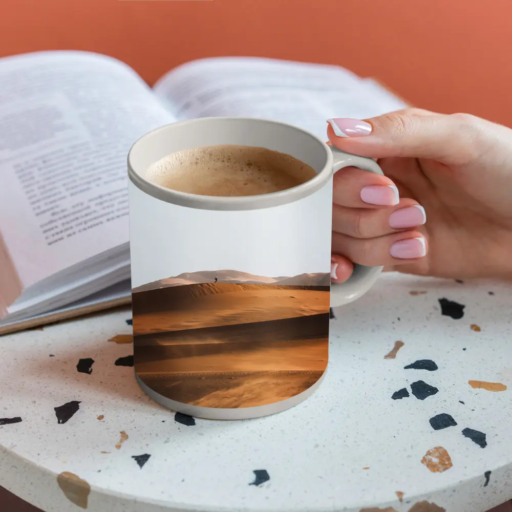 Lone Figure Walking Desert Sand Dunes – Mugs