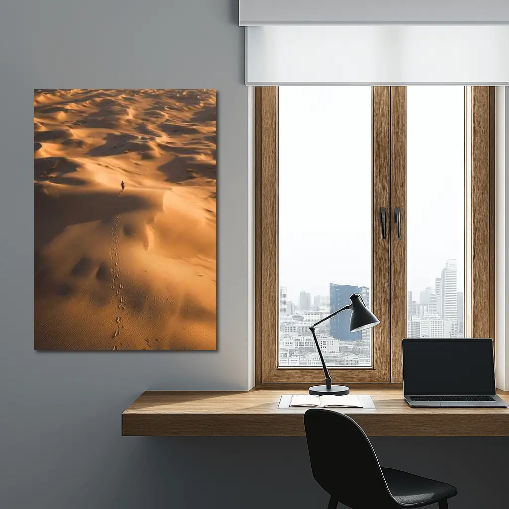 Lone Figure Walking Vast Golden Desert Dunes – Wall Art