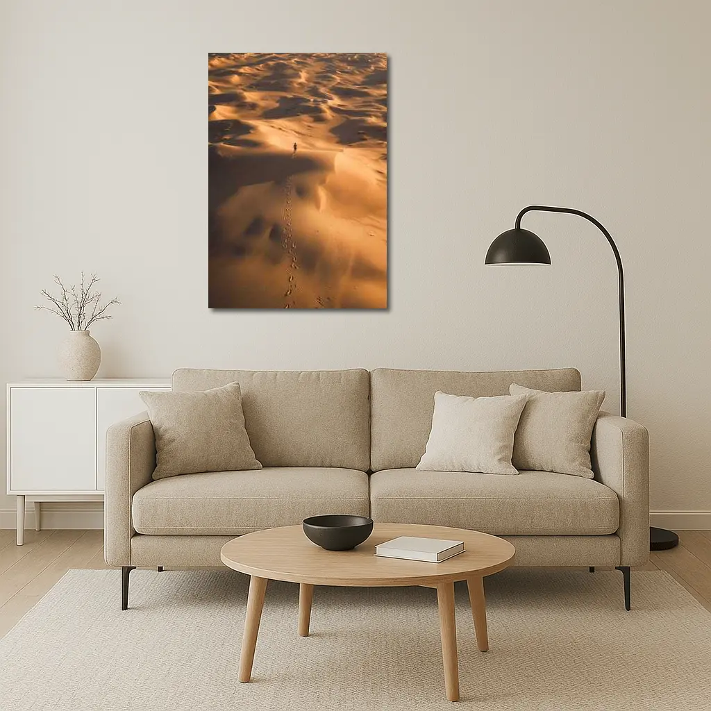 Lone Figure Walking Vast Golden Desert Dunes – Wall Art