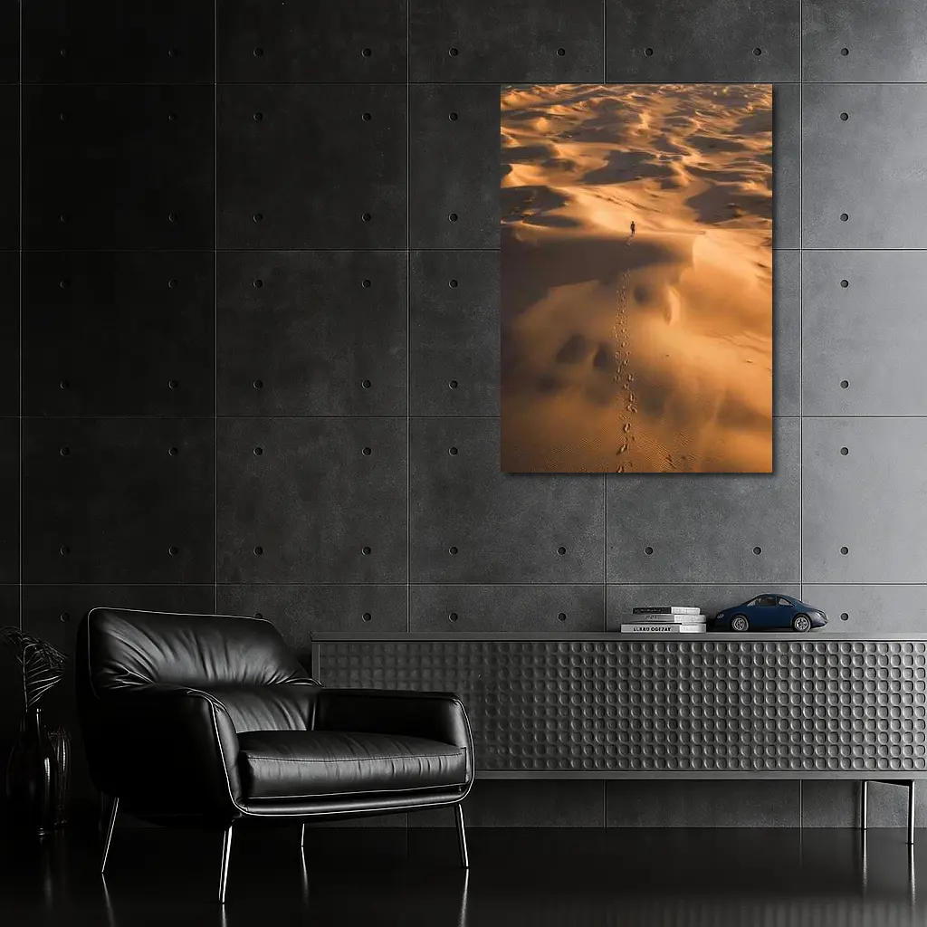 Lone Figure Walking Vast Golden Desert Dunes – Wall Art