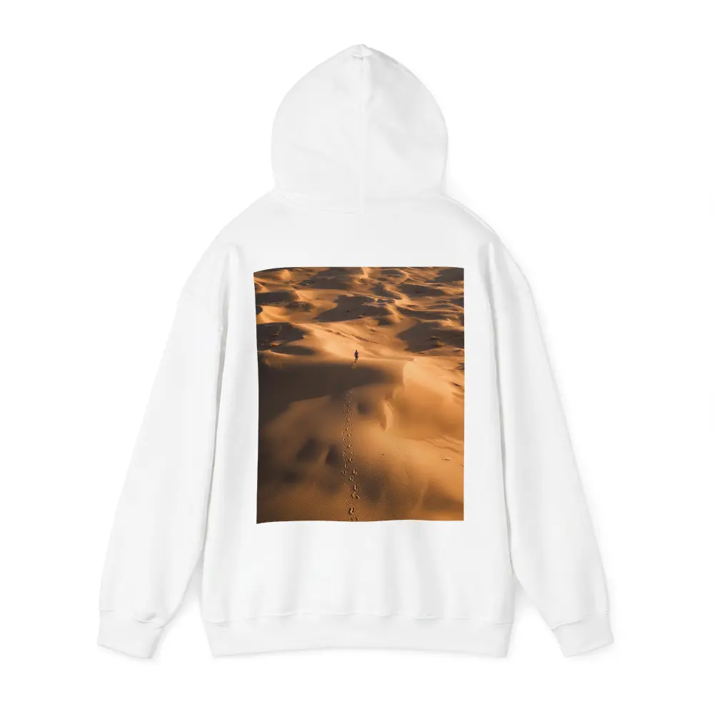 Lone Figure Walking Vast Golden Desert Dunes – Hoodies