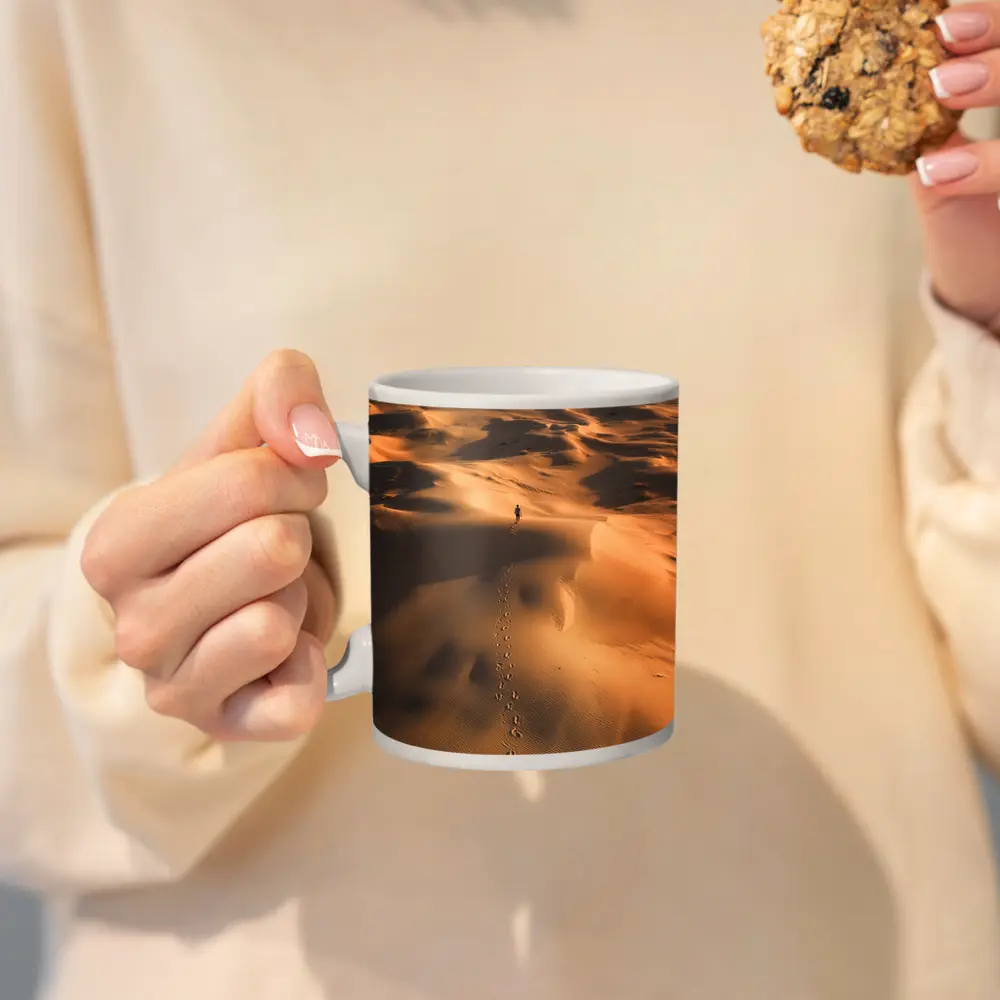 Lone Figure Walking Vast Golden Desert Dunes – Mugs