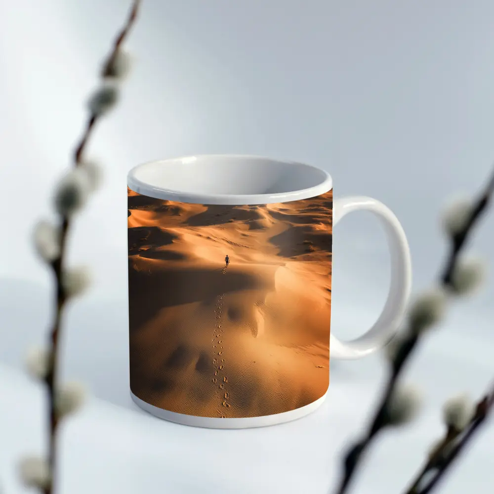 Lone Figure Walking Vast Golden Desert Dunes – Mugs