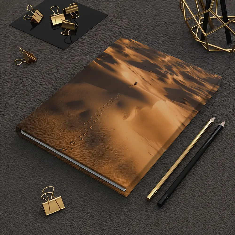Lone Figure Walking Vast Golden Desert Dunes – Notebooks