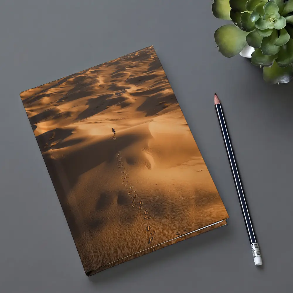 Lone Figure Walking Vast Golden Desert Dunes – Notebooks