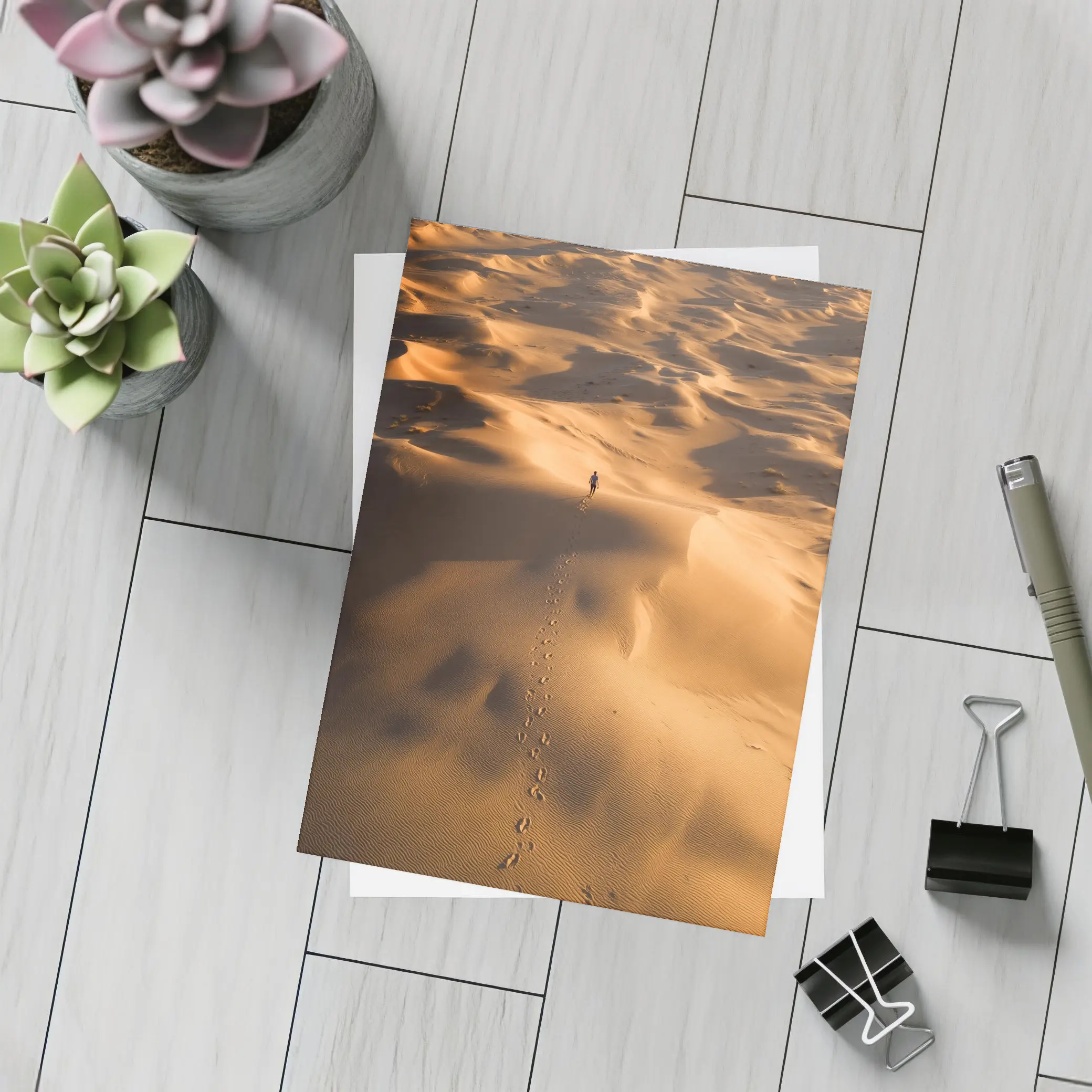 Lone Figure Walking Vast Golden Desert Dunes – Postcards