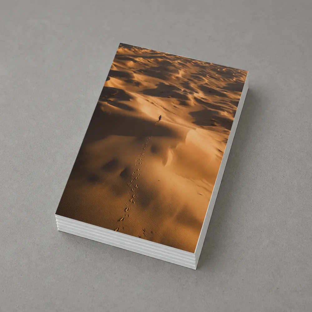 Lone Figure Walking Vast Golden Desert Dunes – Postcards