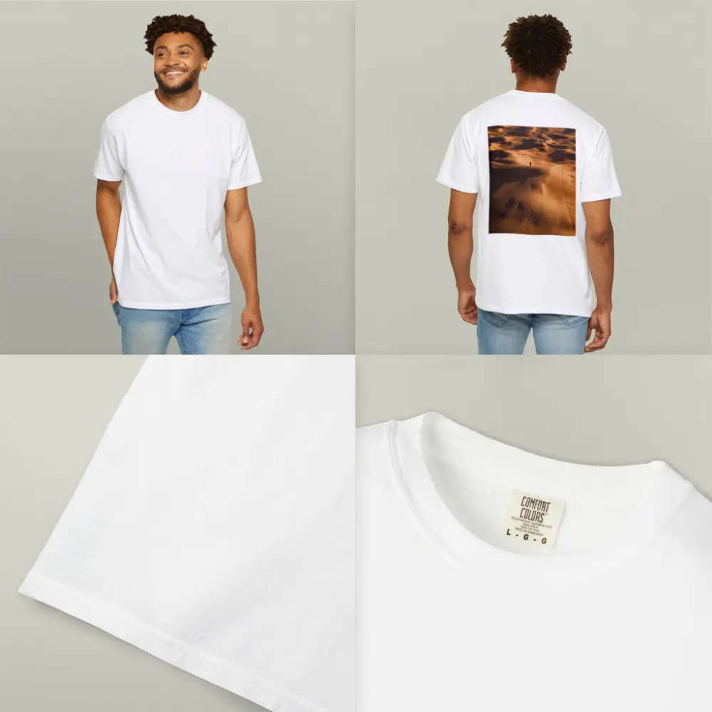 Lone Figure Walking Vast Golden Desert Dunes – T-Shirts