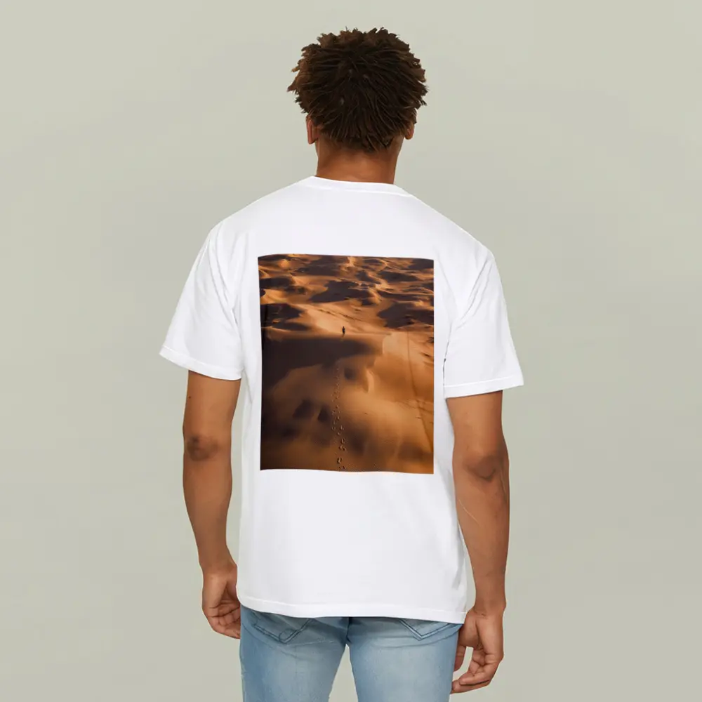 Lone Figure Walking Vast Golden Desert Dunes – T-Shirts
