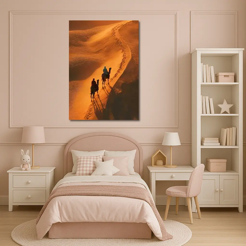 Camel Riders Crossing Golden Desert Dunes – Wall Art