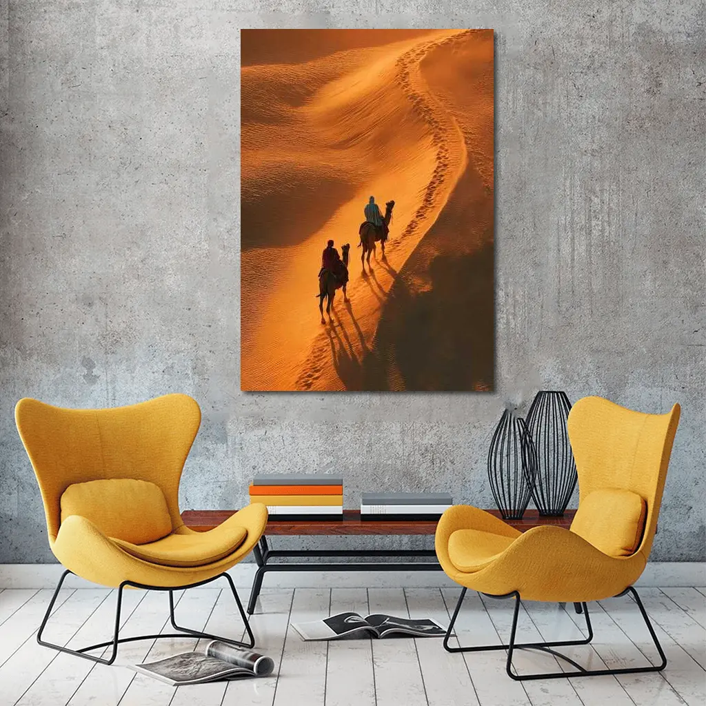 Camel Riders Crossing Golden Desert Dunes – Wall Art