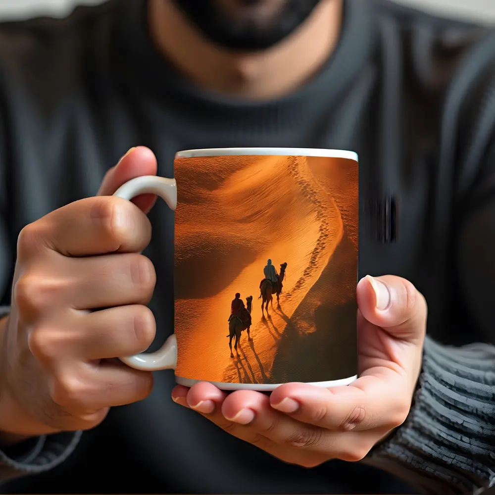 Camel Riders Crossing Golden Desert Dunes – Mugs