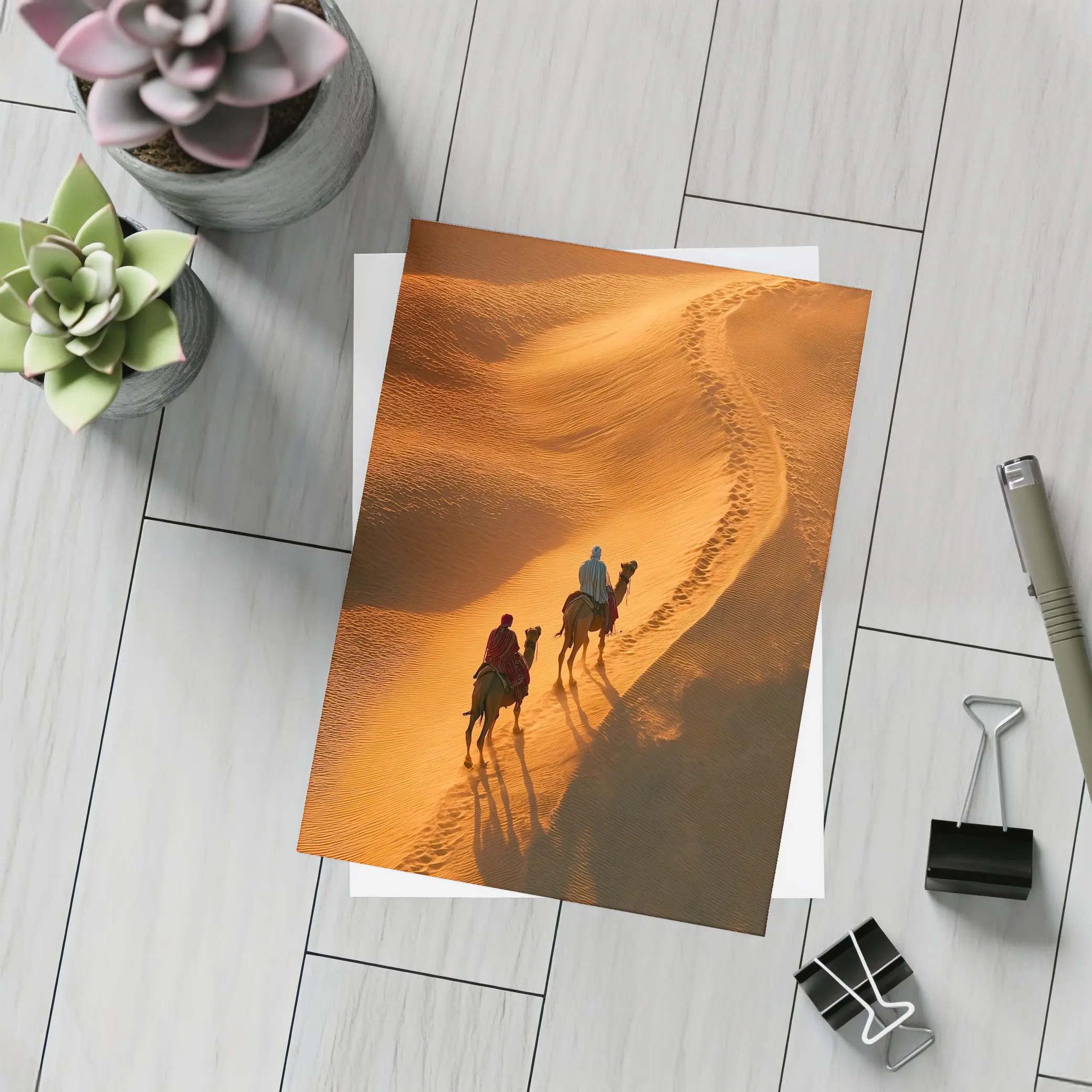 Camel Riders Crossing Golden Desert Dunes – Postcards