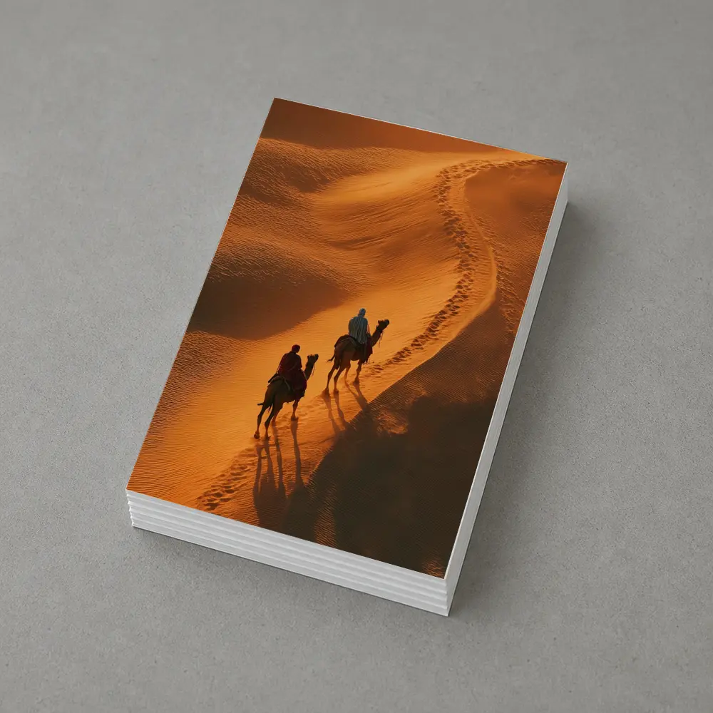 Camel Riders Crossing Golden Desert Dunes – Postcards