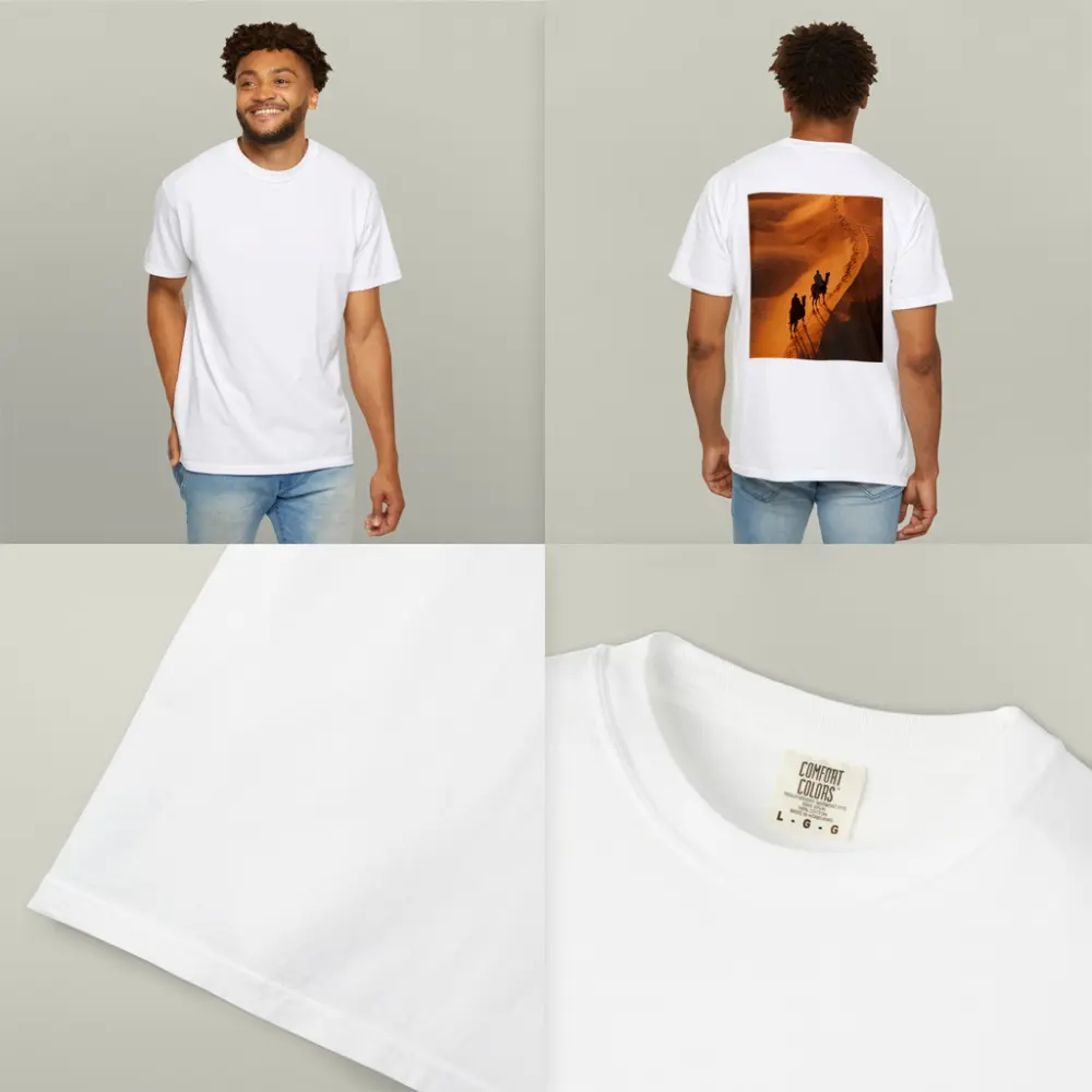 Camel Riders Crossing Golden Desert Dunes – T-Shirts