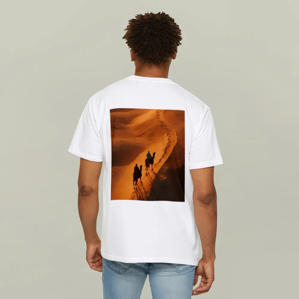 Camel Riders Crossing Golden Desert Dunes – T-Shirts