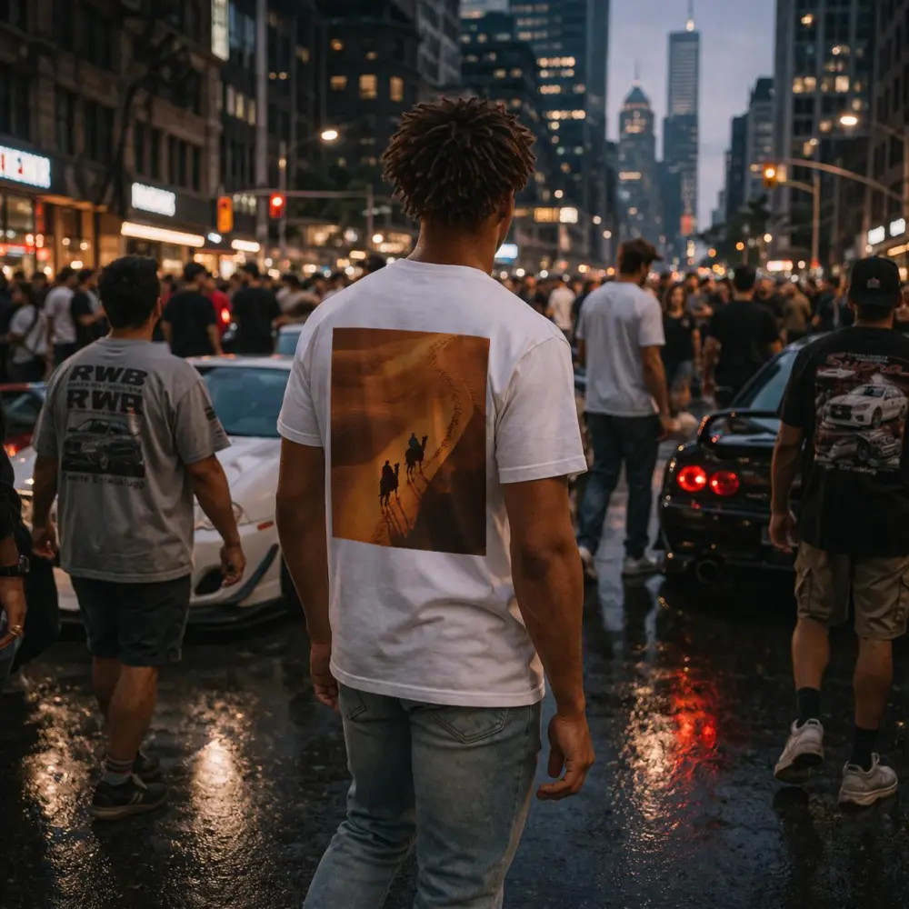 Camel Riders Crossing Golden Desert Dunes – T-Shirts