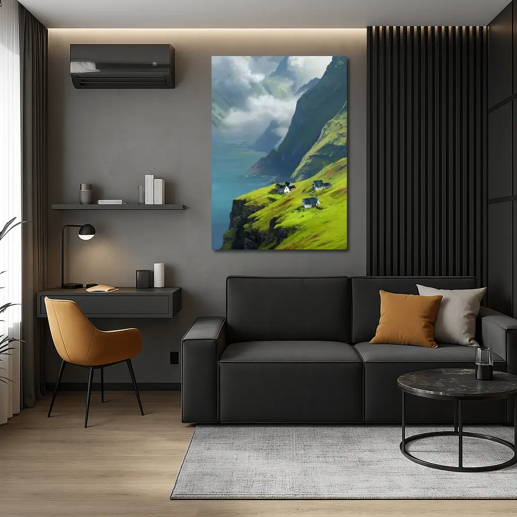 Green Cliffside Village Overlooking Dramatic Fjord – Wall Art
