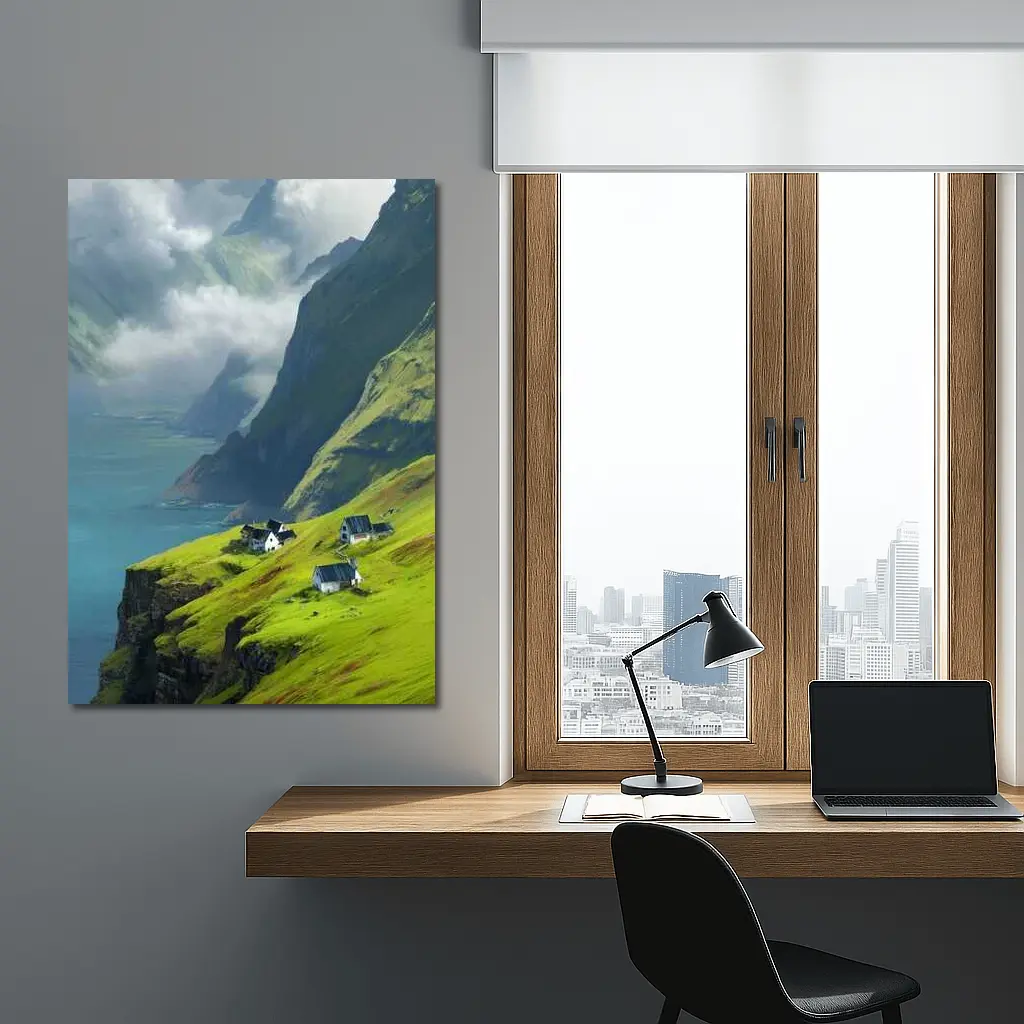 Green Cliffside Village Overlooking Dramatic Fjord – Wall Art