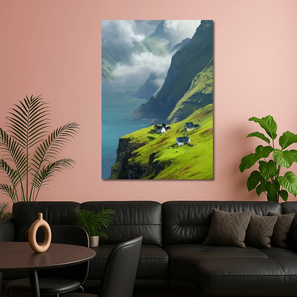 Green Cliffside Village Overlooking Dramatic Fjord – Wall Art