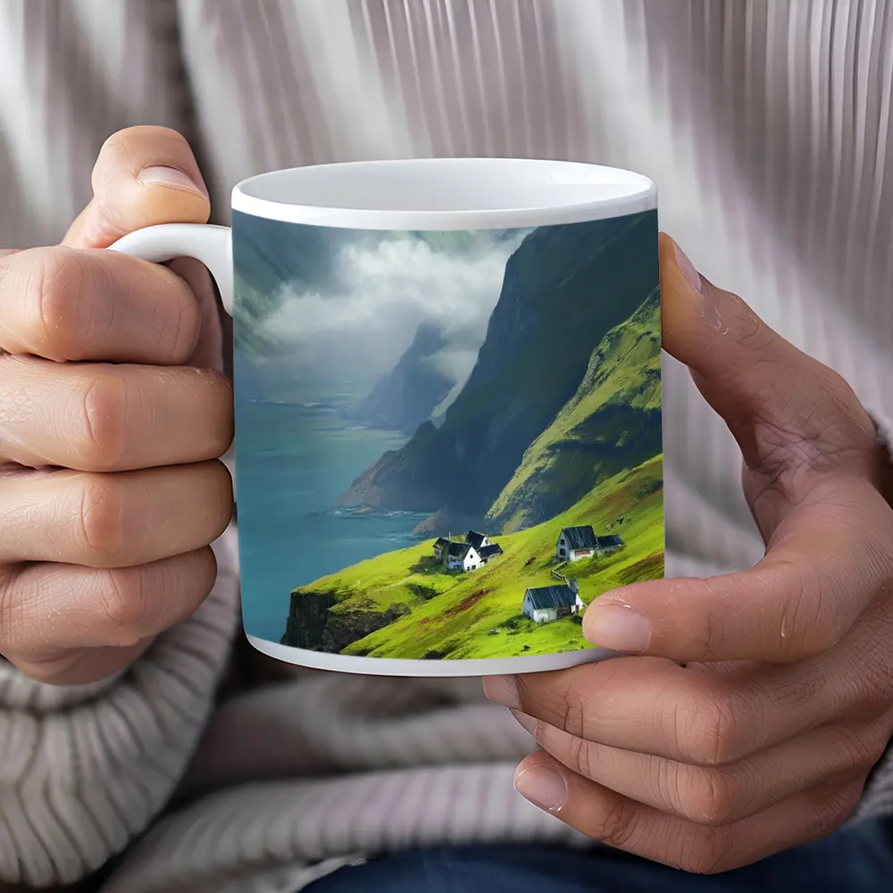 Green Cliffside Village Overlooking Dramatic Fjord – Mugs