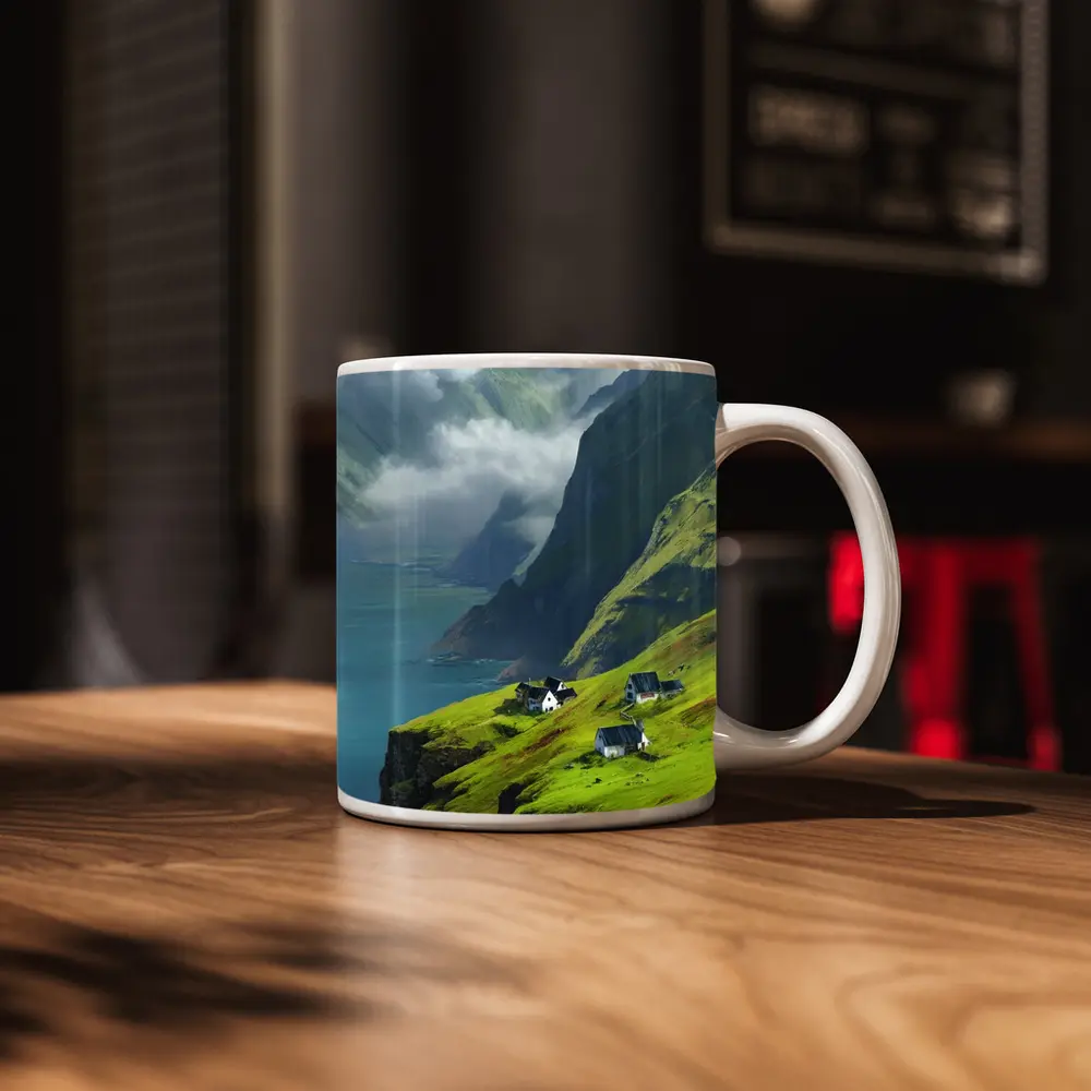 Green Cliffside Village Overlooking Dramatic Fjord – Mugs