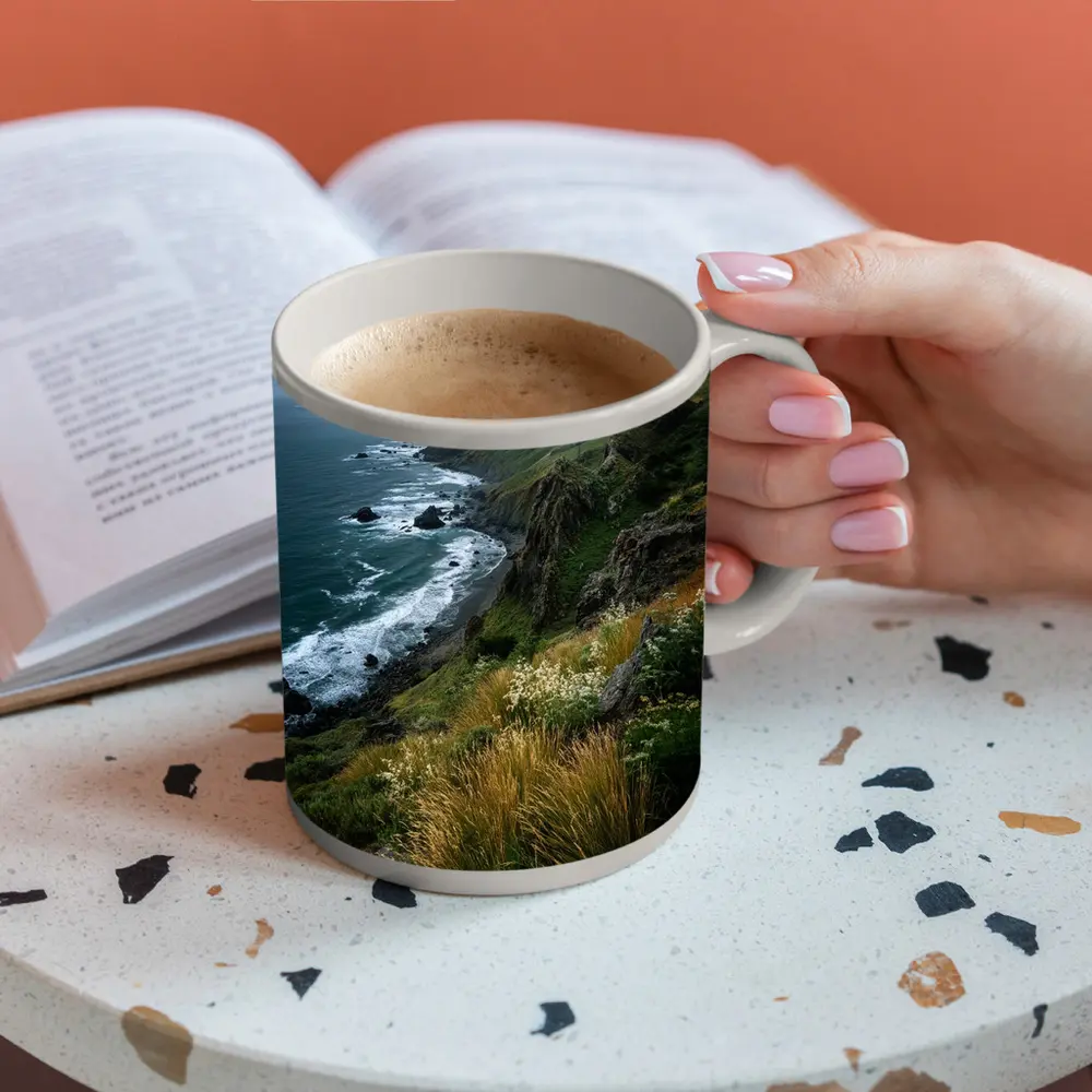 Rugged Coastal Cliffs Wild Grass Ocean View – Mugs