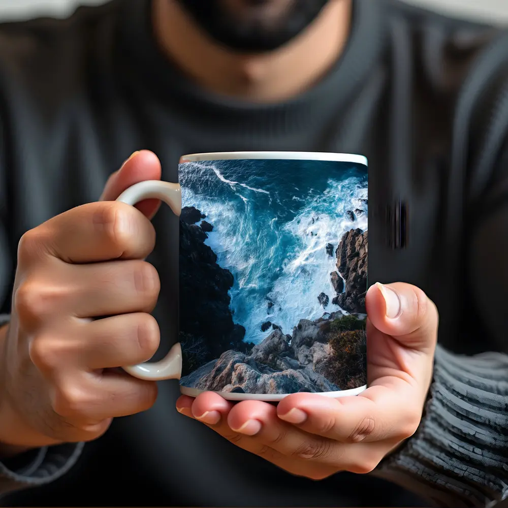 Cliff Edge View Over Ocean Waves – Mugs