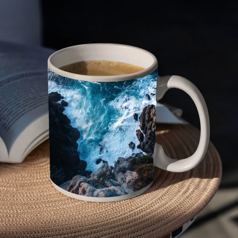 Cliff Edge View Over Ocean Waves – Mugs