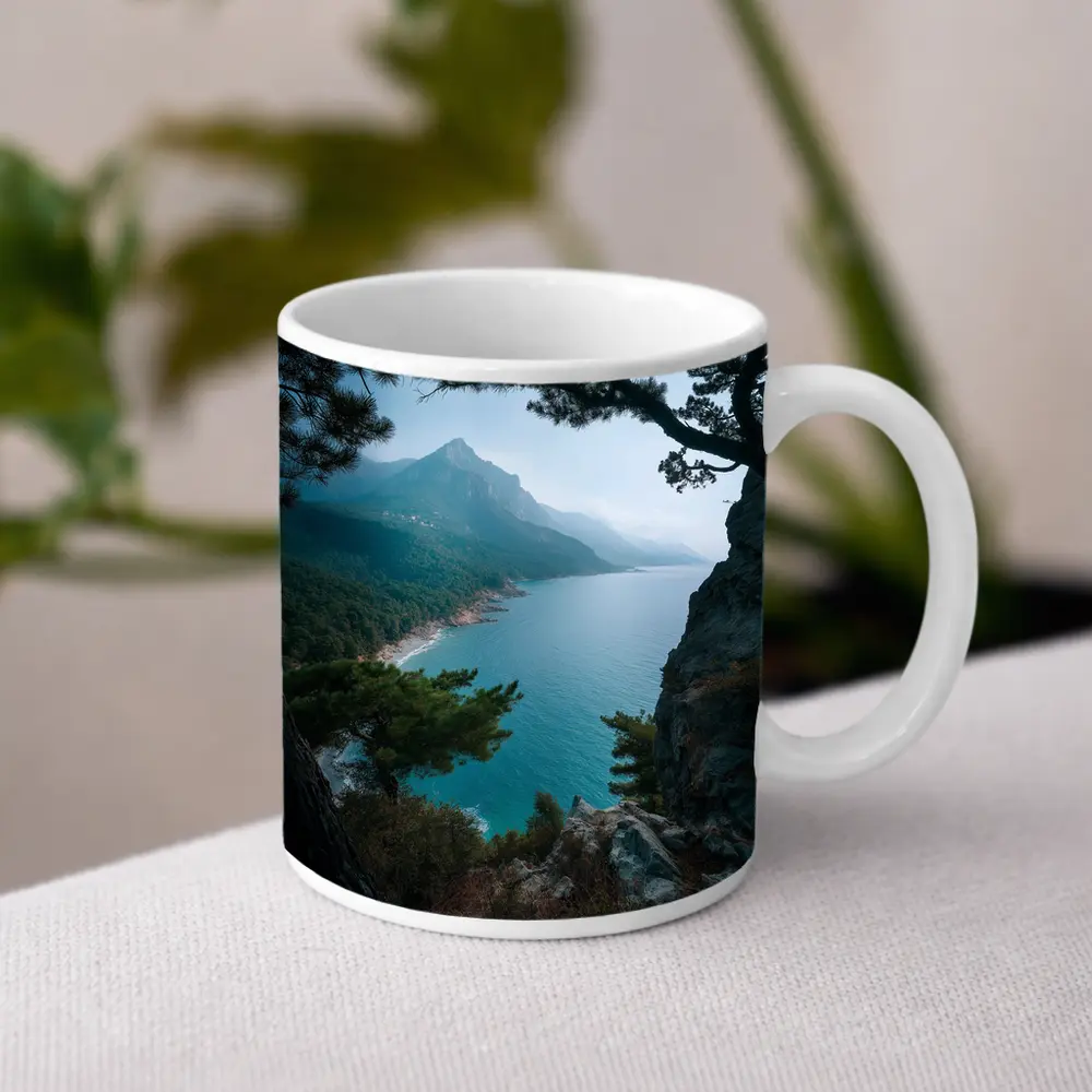 Rocky Coastal Cliffs Pine Trees Mountain View – Mugs