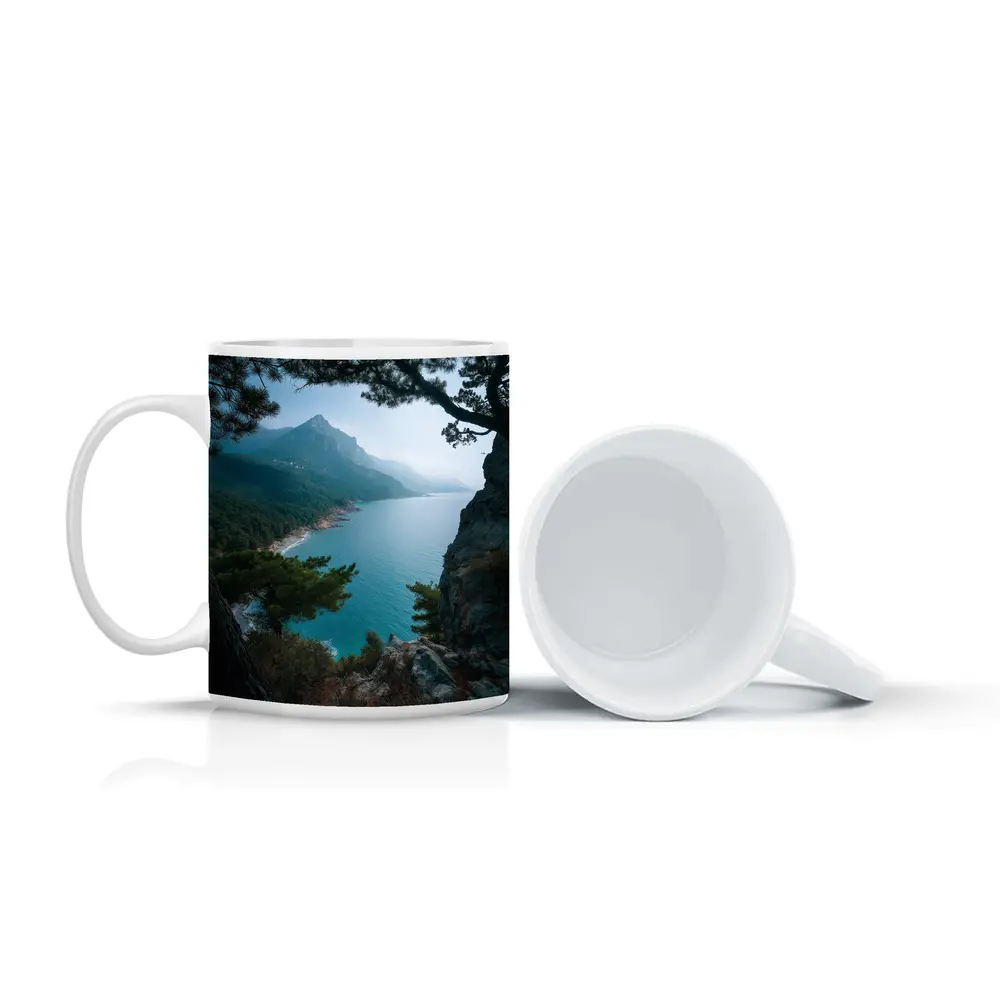 Rocky Coastal Cliffs Pine Trees Mountain View – Mugs