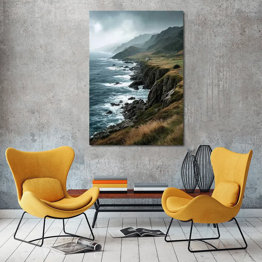 Stormy Coastal Cliffs Green Hills Ocean View – Wall Art