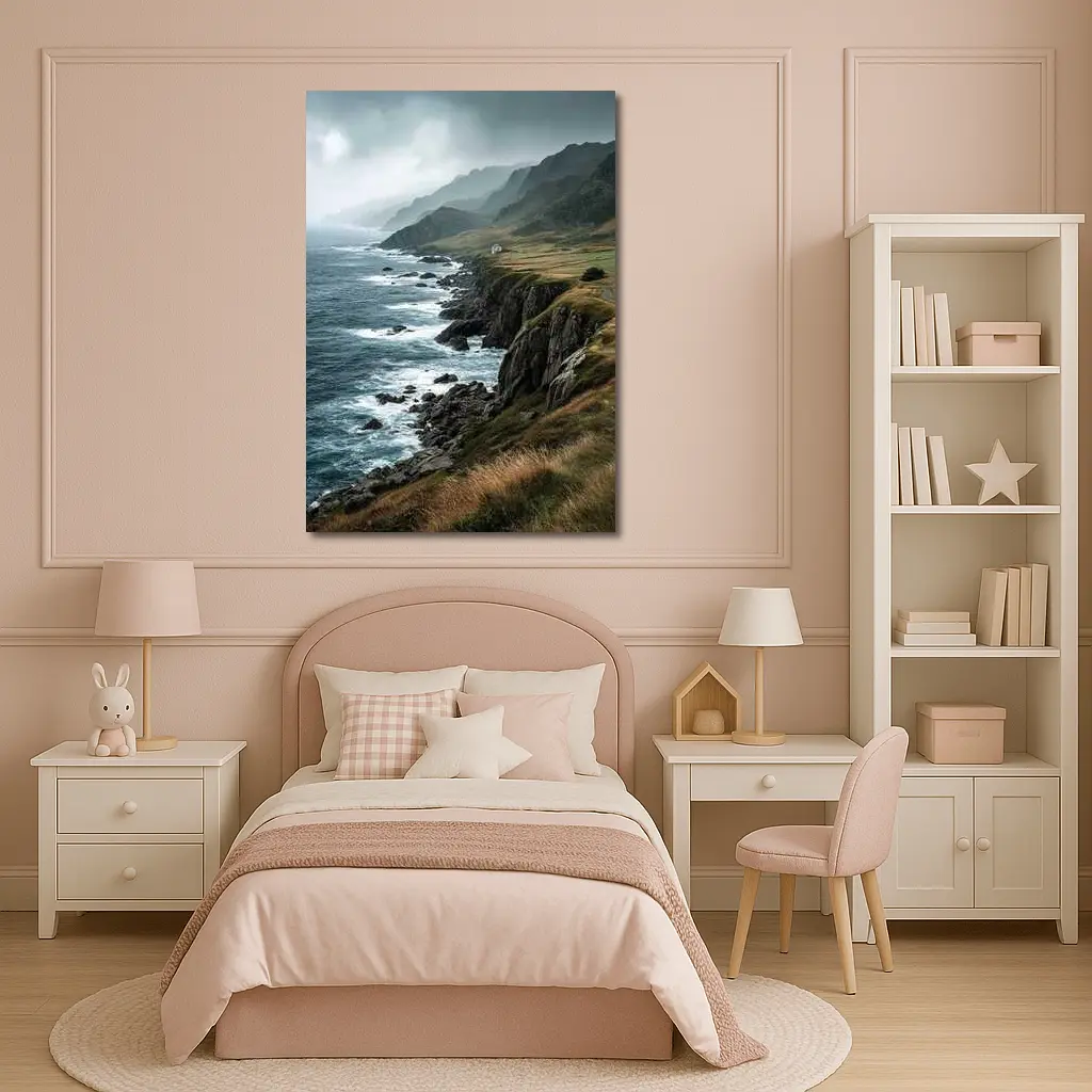 Stormy Coastal Cliffs Green Hills Ocean View – Wall Art