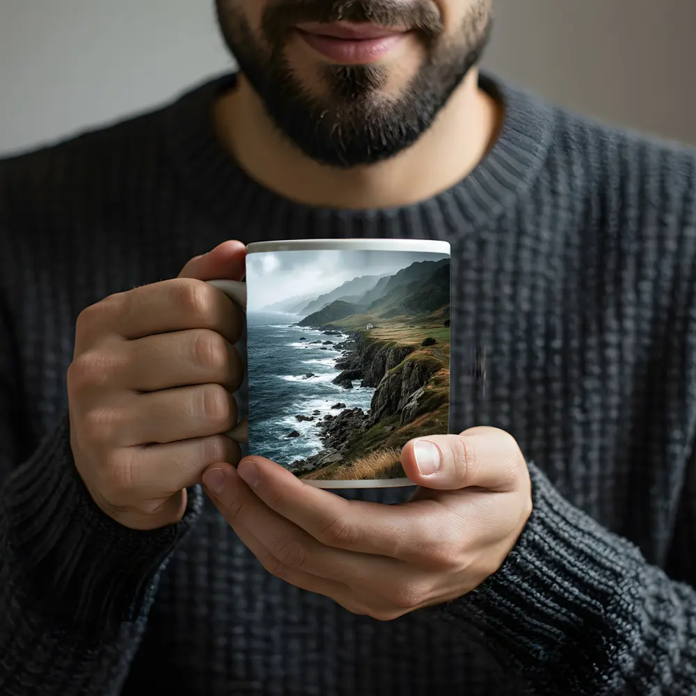 Stormy Coastal Cliffs Green Hills Ocean View – Mugs