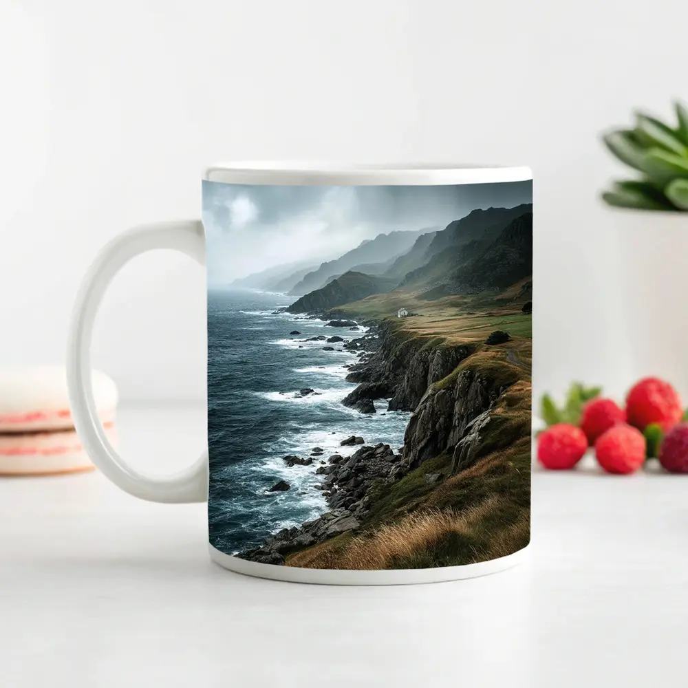 Stormy Coastal Cliffs Green Hills Ocean View – Mugs