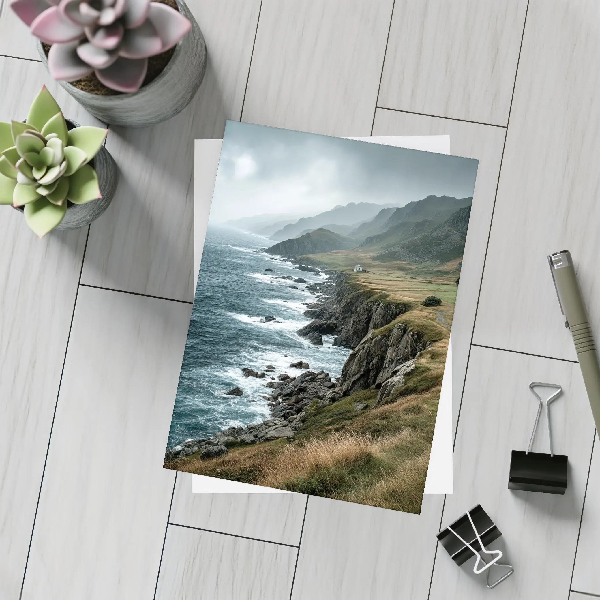 Stormy Coastal Cliffs Green Hills Ocean View – Postcards