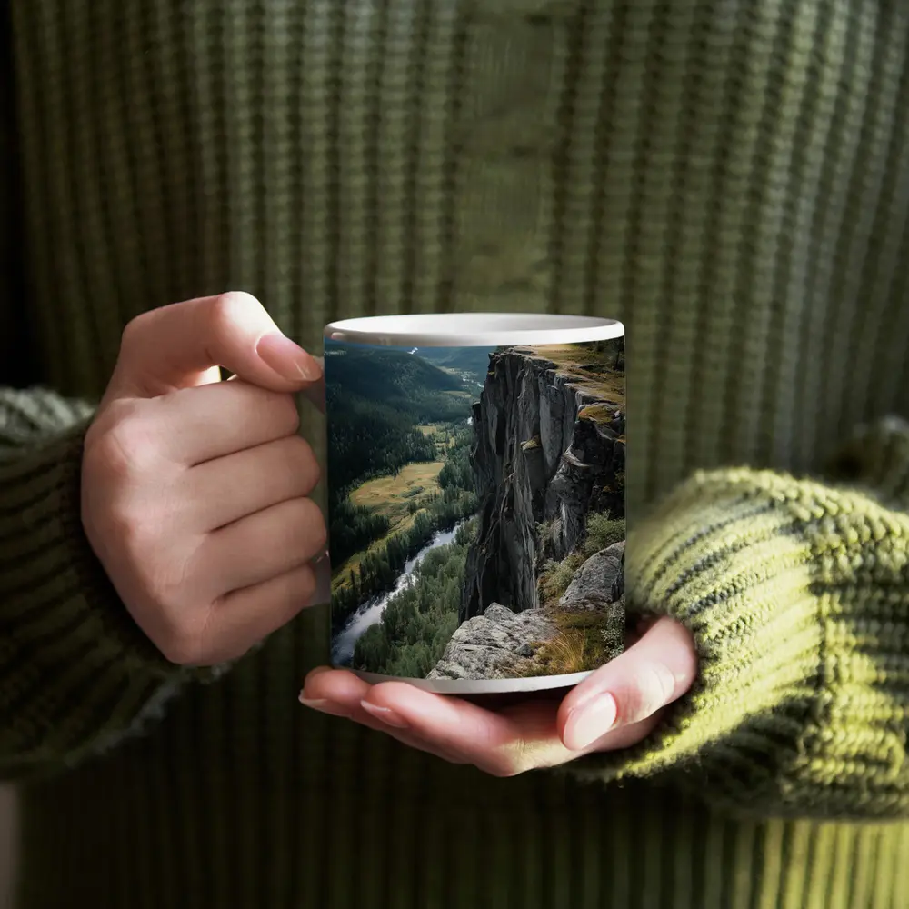 Rocky Cliff Overlooking Forest River Valley – Mugs