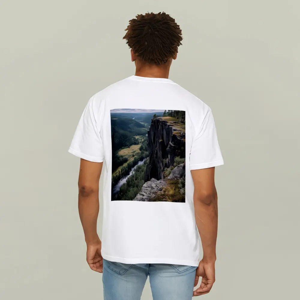 Rocky Cliff Overlooking Forest River Valley – T-Shirts