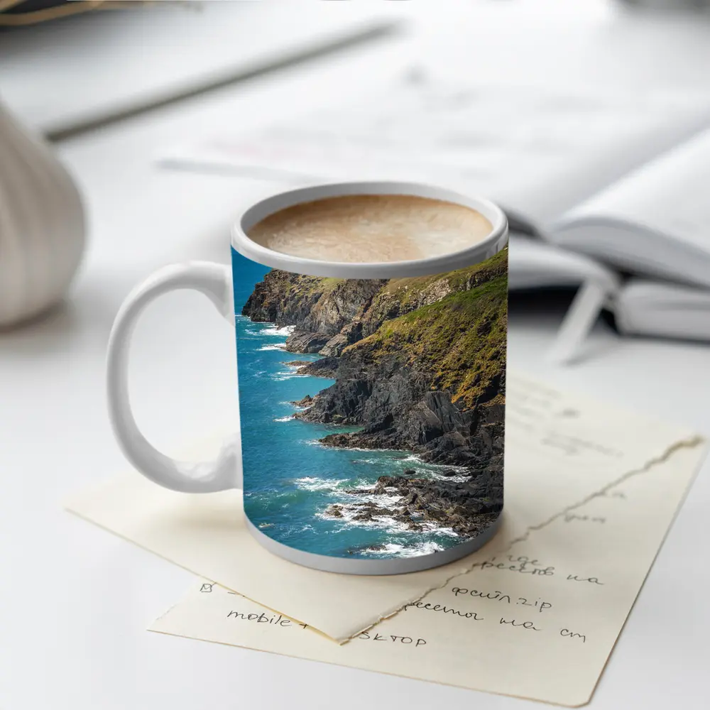 Rocky Coastal Cliffs Above Turquoise Ocean Waves – Mugs