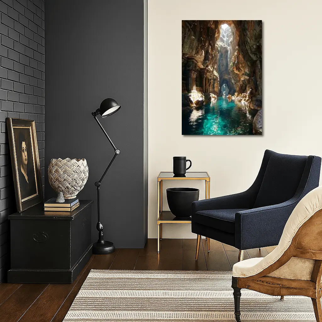 Ancient Cave Temple With Turquoise Water – Wall Art