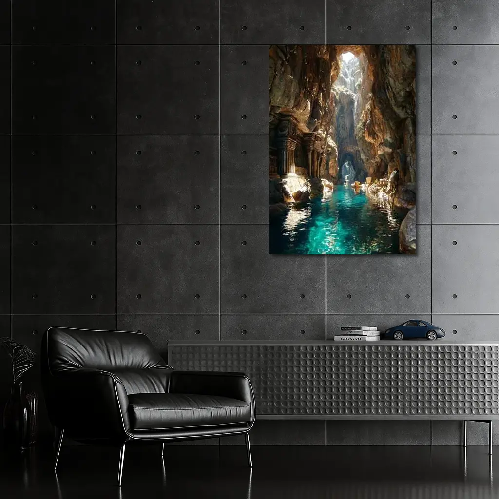 Ancient Cave Temple With Turquoise Water – Wall Art