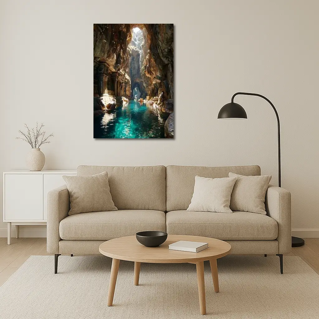 Ancient Cave Temple With Turquoise Water – Wall Art