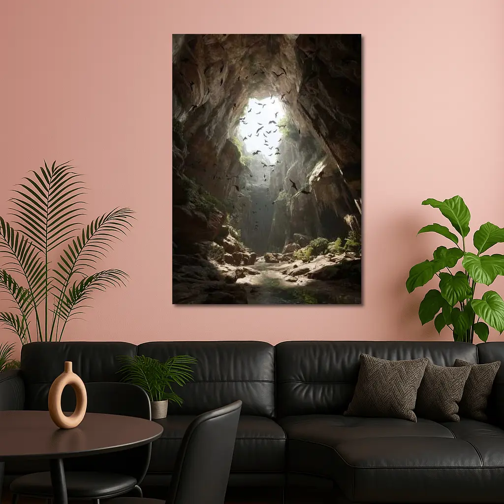 Cave Opening With Bats Flying Above – Wall Art
