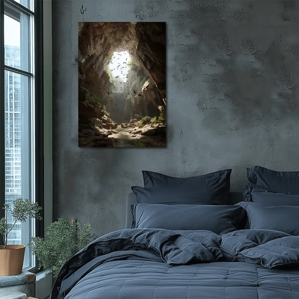 Cave Opening With Bats Flying Above – Wall Art